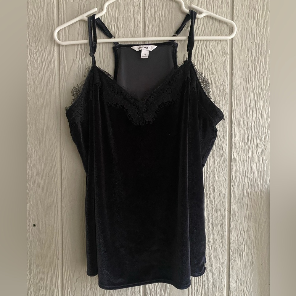 Nine West Deep Blue Black Lace Velvet Adjustable Spaghetti Strap Tank Top M